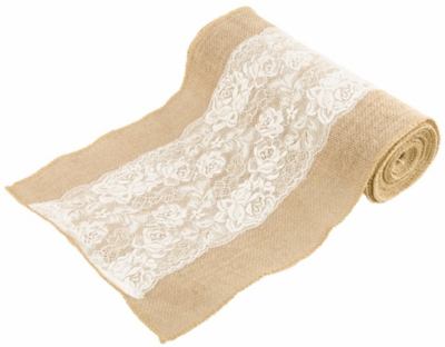 Chemin de table toile de jute dentelle au centre - 589