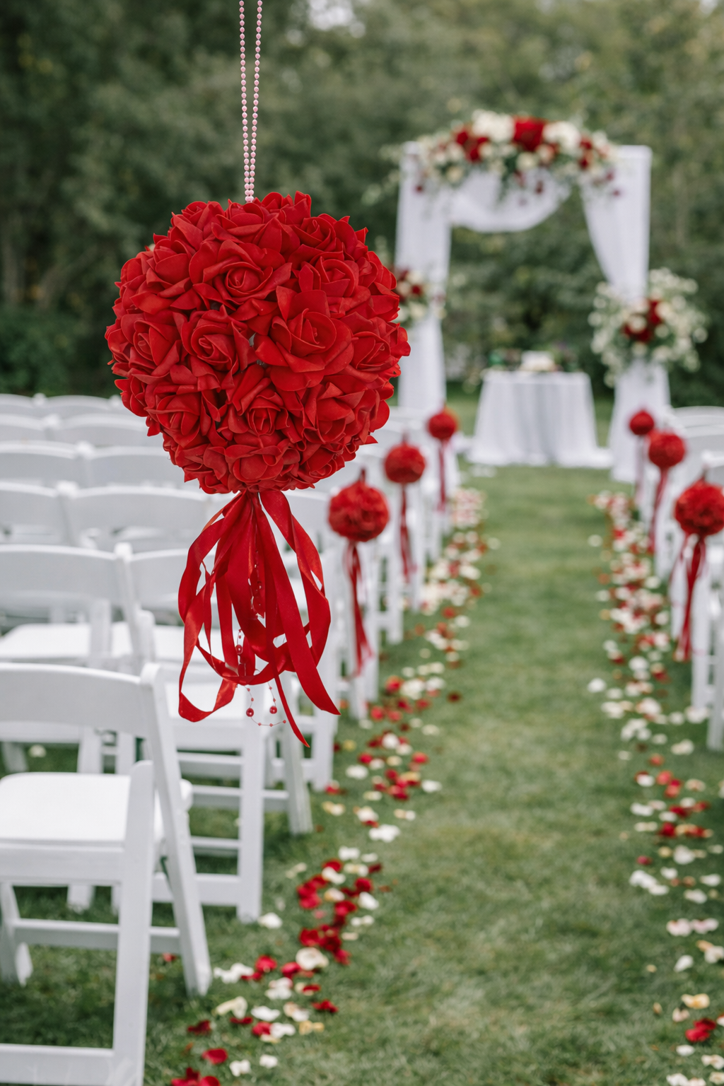 Boule de rose rouge 25cm + ruban